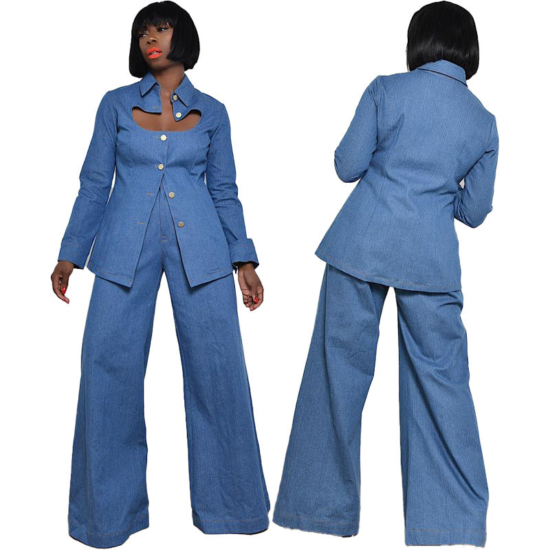 American Style Women's Shirts Open Chested Faux Denim Top And Pants Two Piece Suit