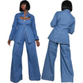 American Style Women's Shirts Open Chested Faux Denim Top And Pants Two Piece Suit