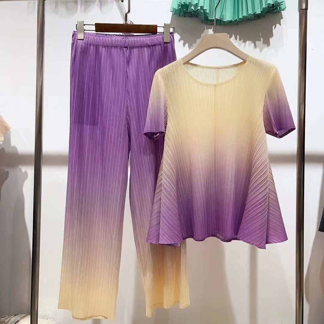 Pleated Gradient Set For Women Short Sleeves Loose Shirts With Wide Leg Pants Female Elegant Clothing Summer