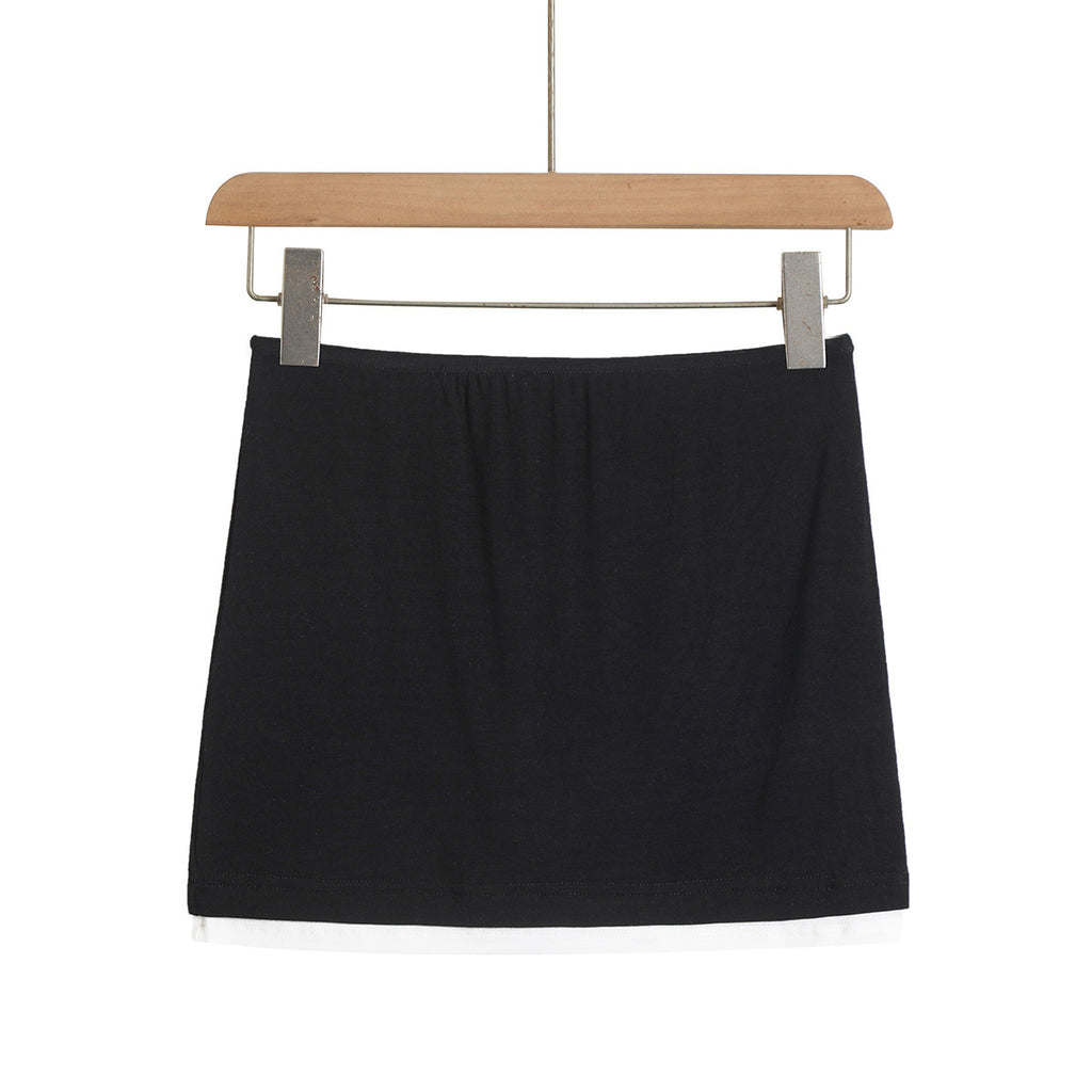 Fake two lace trimmed short sleeved T-shirts+elastic hip hugging short skirt