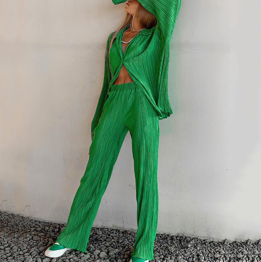 Women's Clothing Spring Summer Pleated Long Sleeve Turn Down Collar Button Shirts Top Loose Casual Solid Two Pieces Pants Set