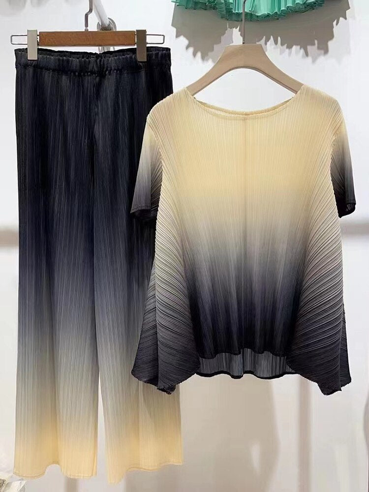 Pleated Gradient Set For Women Short Sleeves Loose Shirts With Wide Leg Pants Female Elegant Clothing Summer