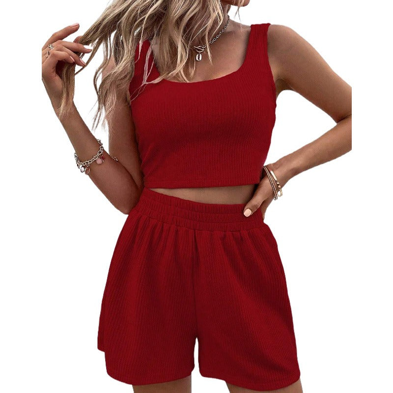 Summer girl style fresh and sweet women's knitted fashionable casual solid color vest set