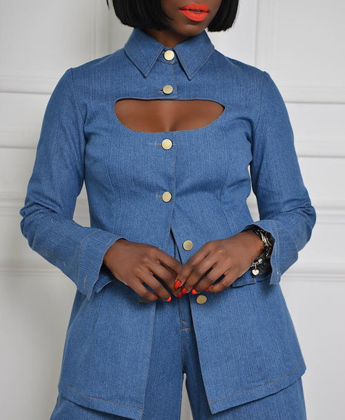 American Style Women's Shirts Open Chested Faux Denim Top And Pants Two Piece Suit