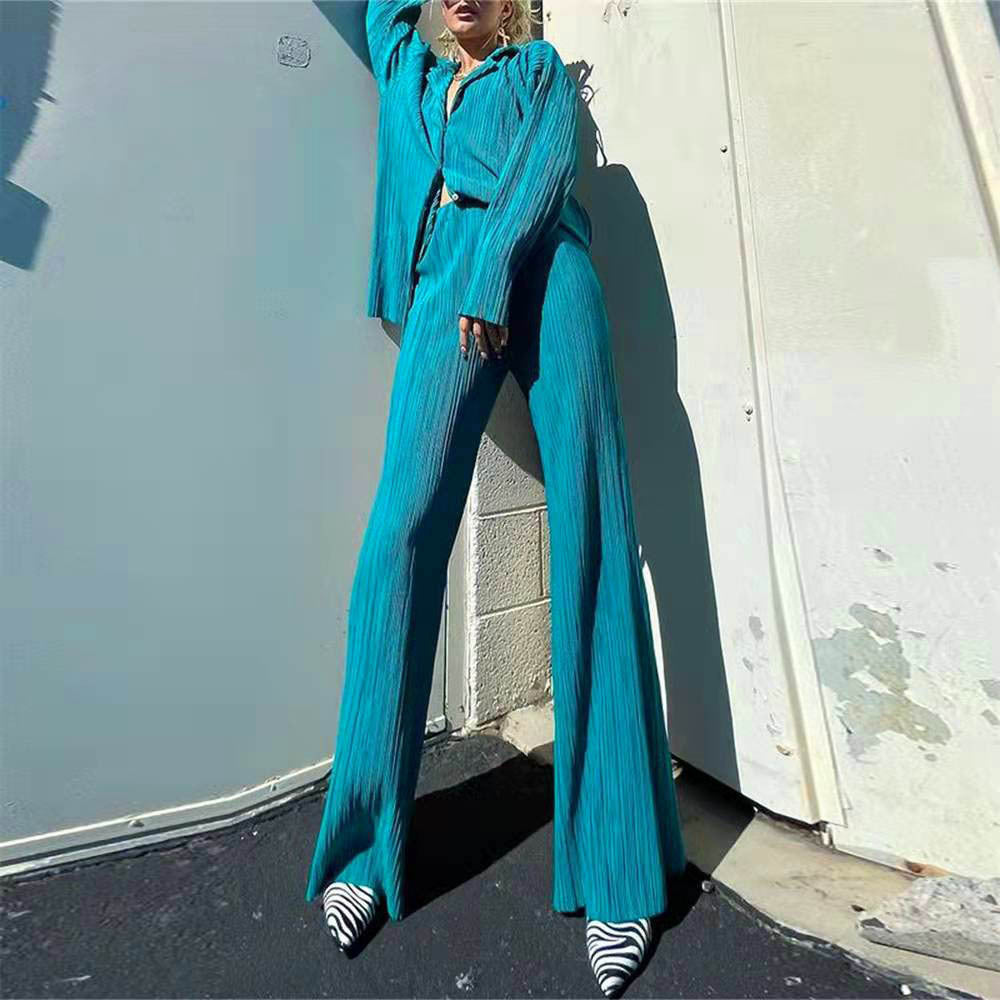 Women's Clothing Spring Summer Pleated Long Sleeve Turn Down Collar Button Shirts Top Loose Casual Solid Two Pieces Pants Set