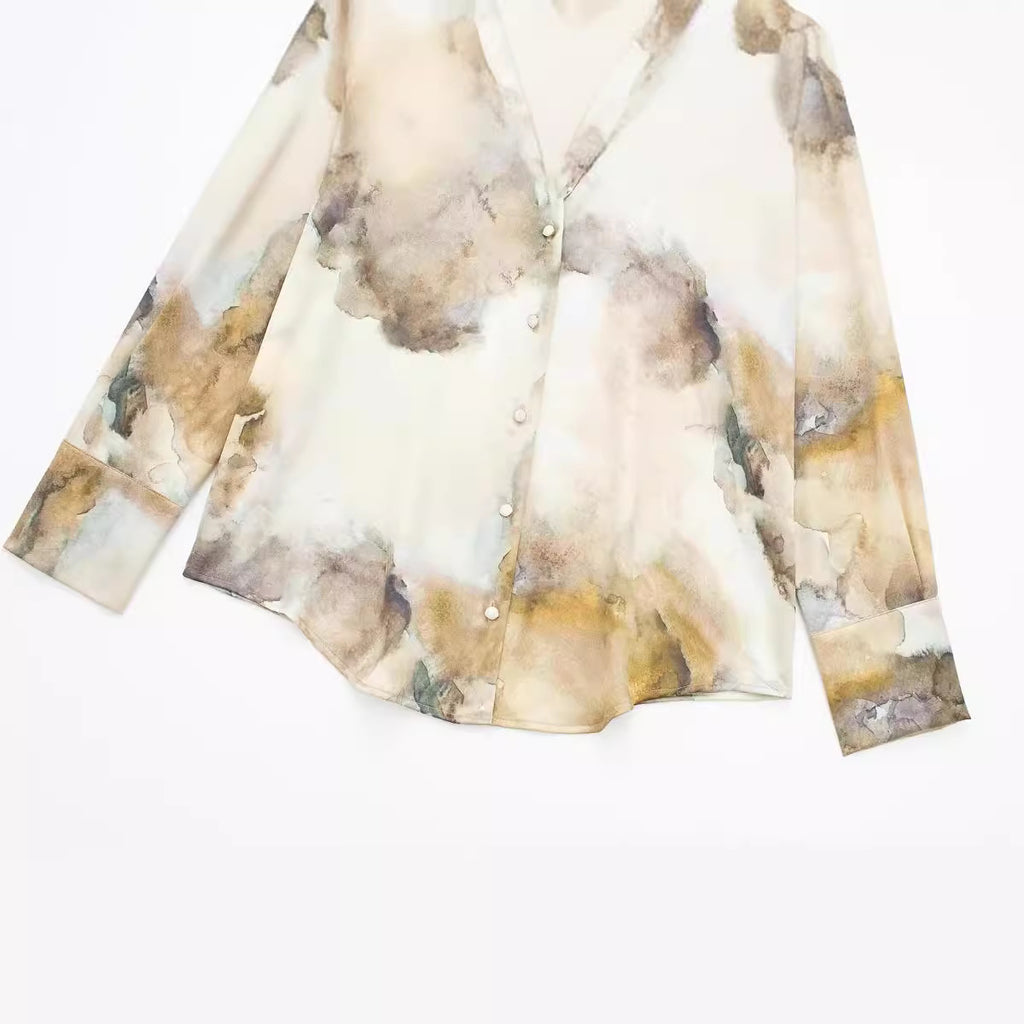 Women 2 Piece Set Fashion Printed Single-Breasted Lapel Long Sleeve Shirts Vintage Causal High Waisted A-Line Midi Skirt