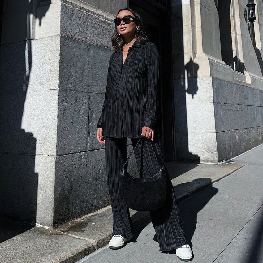 Women's Clothing Spring Summer Pleated Long Sleeve Turn Down Collar Button Shirts Top Loose Casual Solid Two Pieces Pants Set