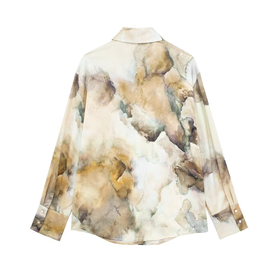 Women 2 Piece Set Fashion Printed Single-Breasted Lapel Long Sleeve Shirts Vintage Causal High Waisted A-Line Midi Skirt