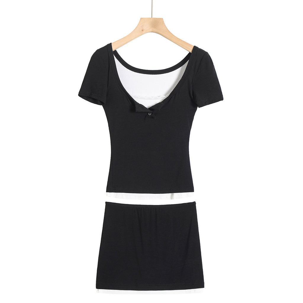 Fake two lace trimmed short sleeved T-shirts+elastic hip hugging short skirt