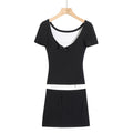 Fake two lace trimmed short sleeved T-shirts+elastic hip hugging short skirt