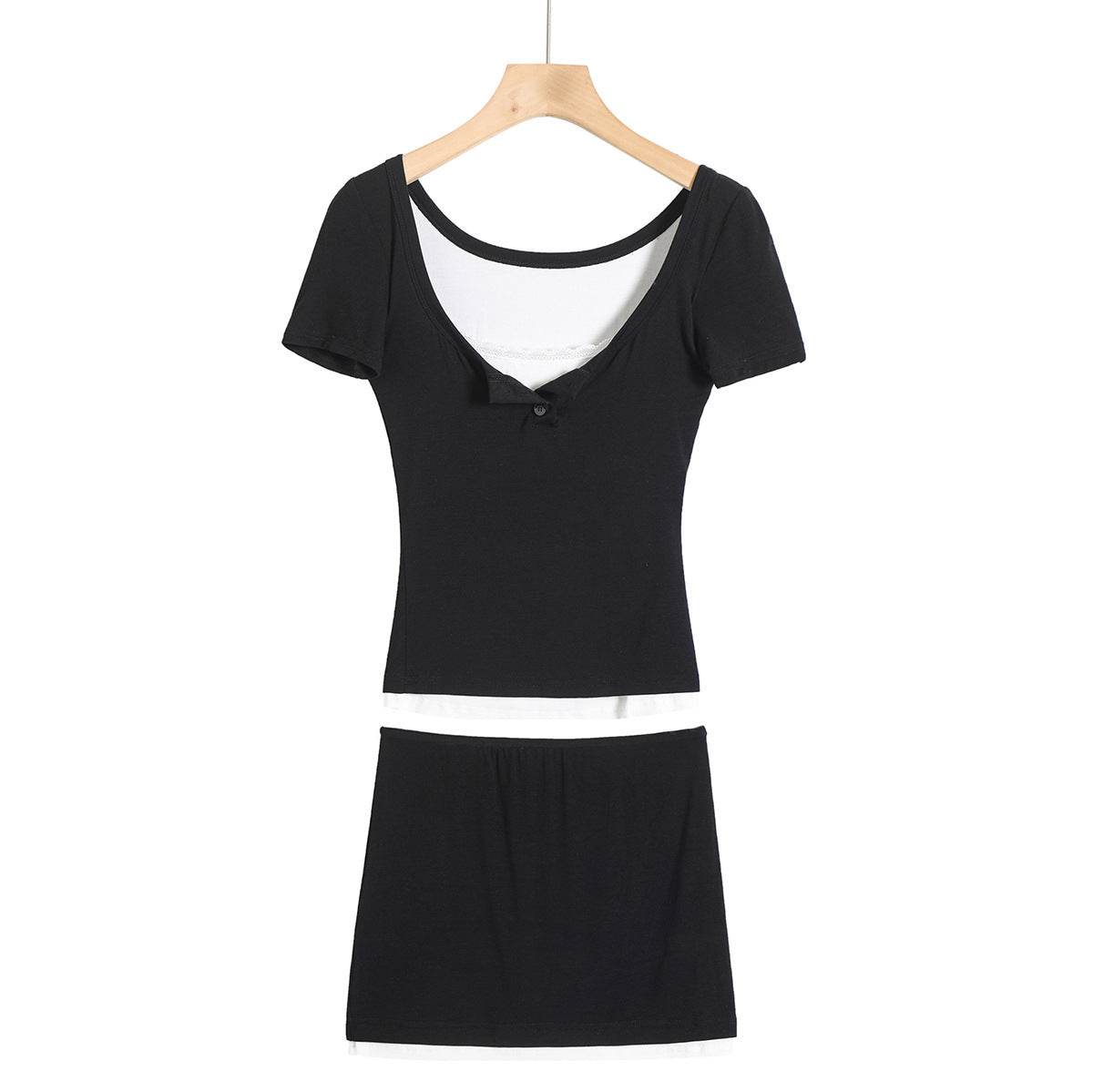 Fake two lace trimmed short sleeved T-shirts+elastic hip hugging short skirt