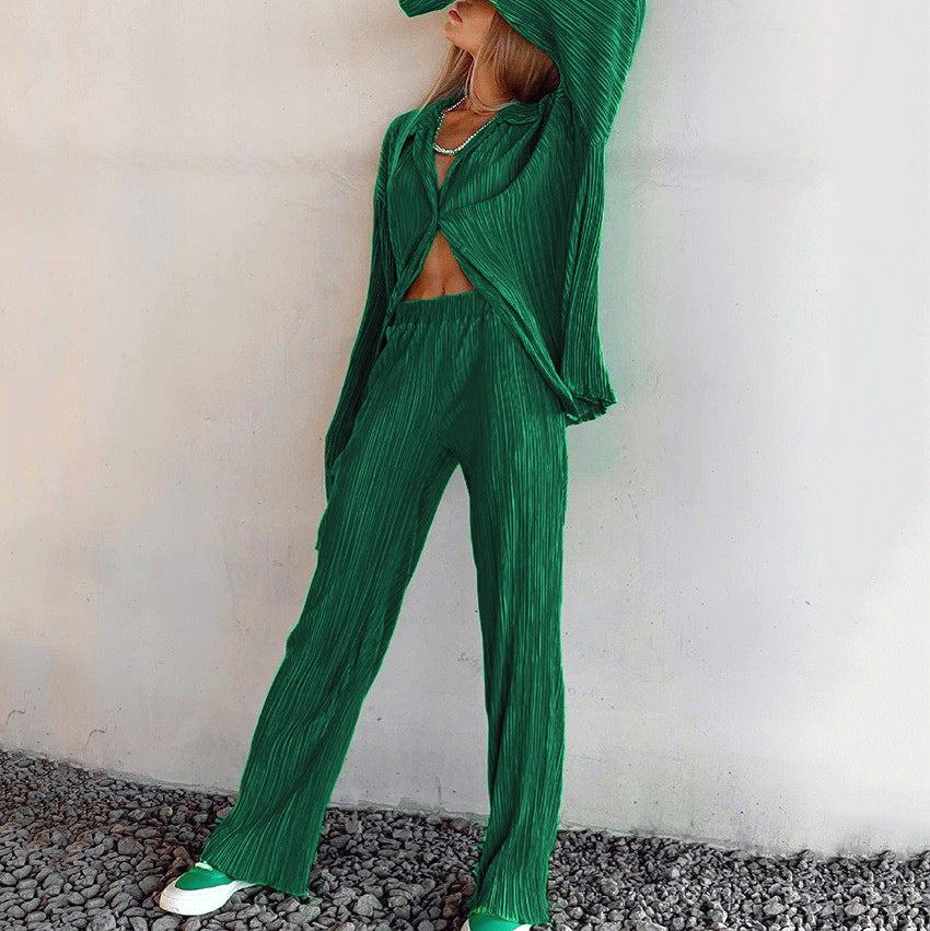 Women's Clothing Spring Summer Pleated Long Sleeve Turn Down Collar Button Shirts Top Loose Casual Solid Two Pieces Pants Set