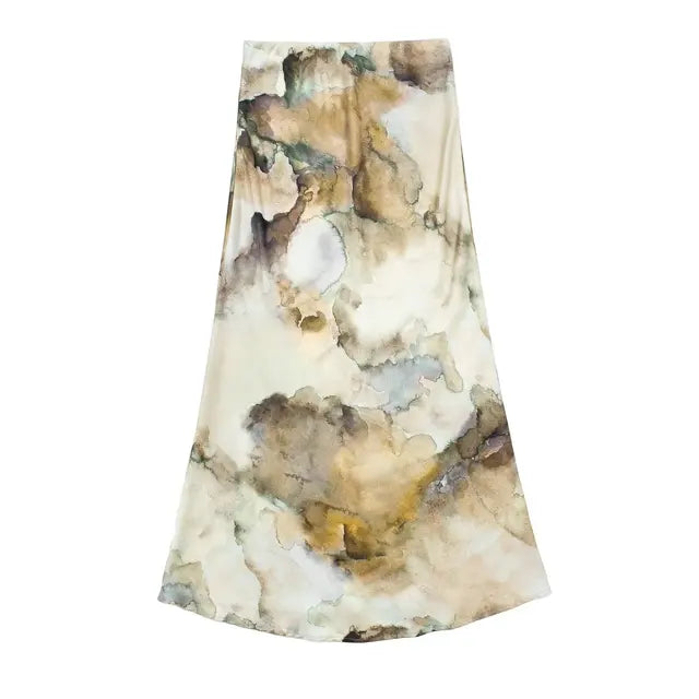 Women 2 Piece Set Fashion Printed Single-Breasted Lapel Long Sleeve Shirts Vintage Causal High Waisted A-Line Midi Skirt