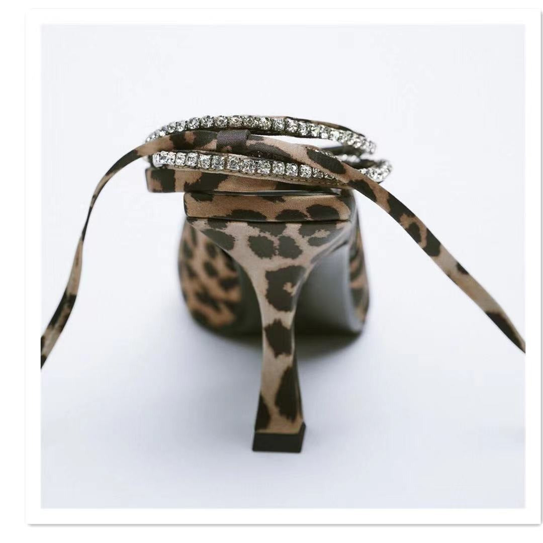 Women Leopard Strappy High Heels Mules Woman Pumps Party Lace up Sandals Heels