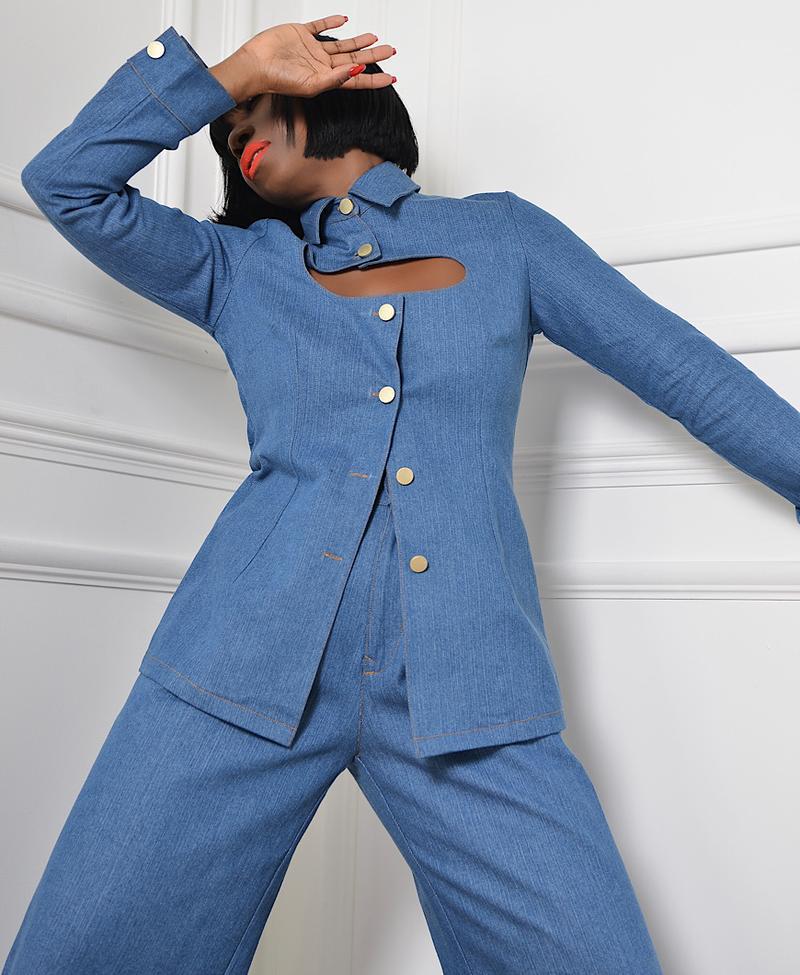 American Style Women's Shirts Open Chested Faux Denim Top And Pants Two Piece Suit