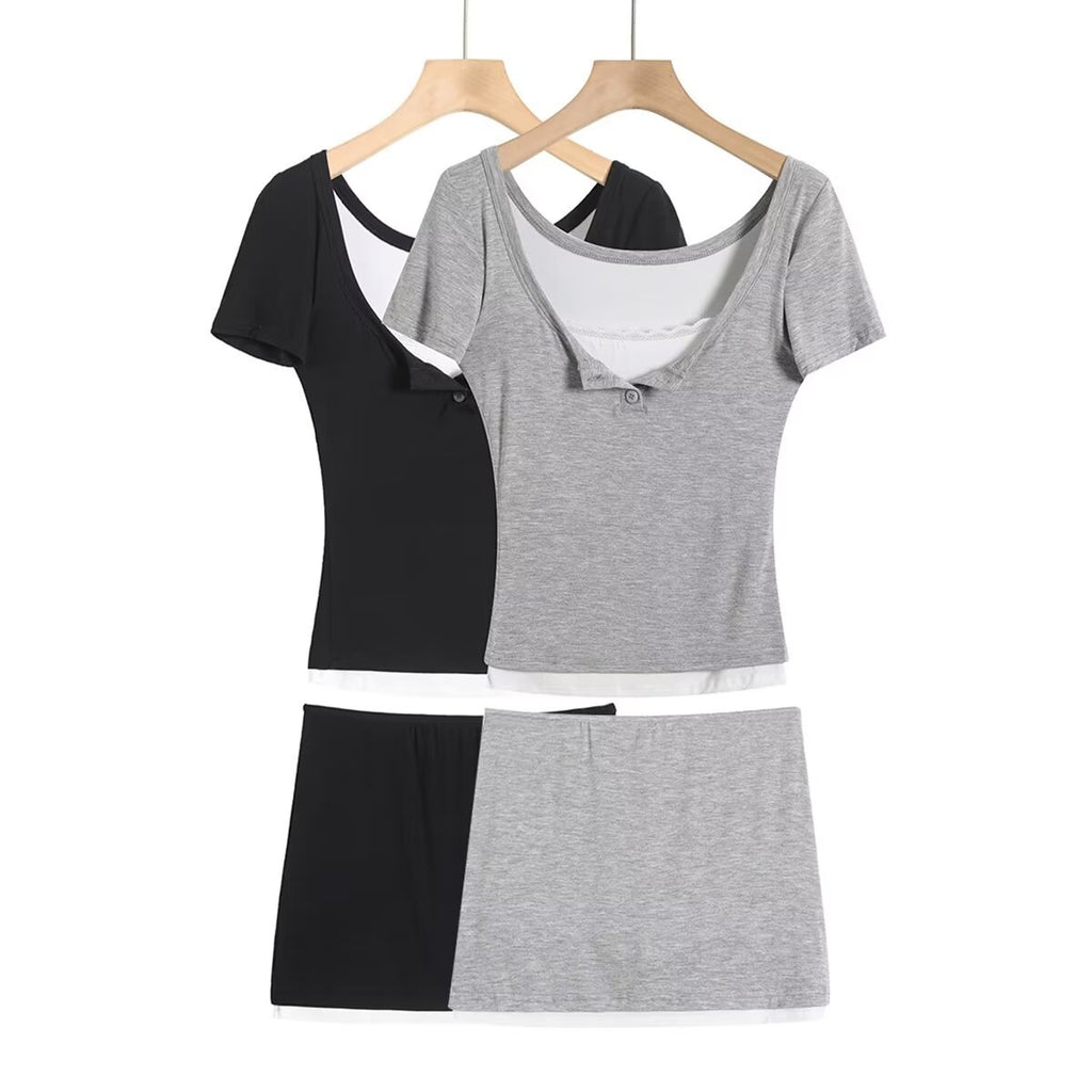 Fake two lace trimmed short sleeved T-shirts+elastic hip hugging short skirt