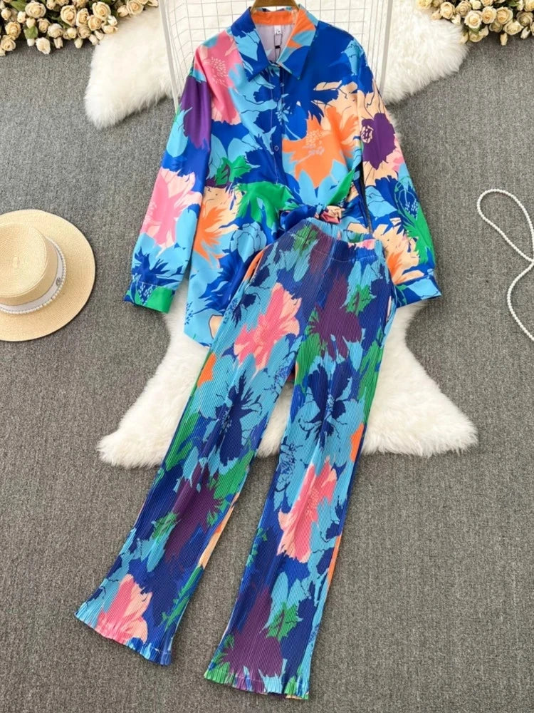 Spring Women Sleepwear Casual Loose Tie-dyed Trousers Suit Long Sleeve Shirts Blouses Wide Leg Pant Female Pajamas 2 Pieces