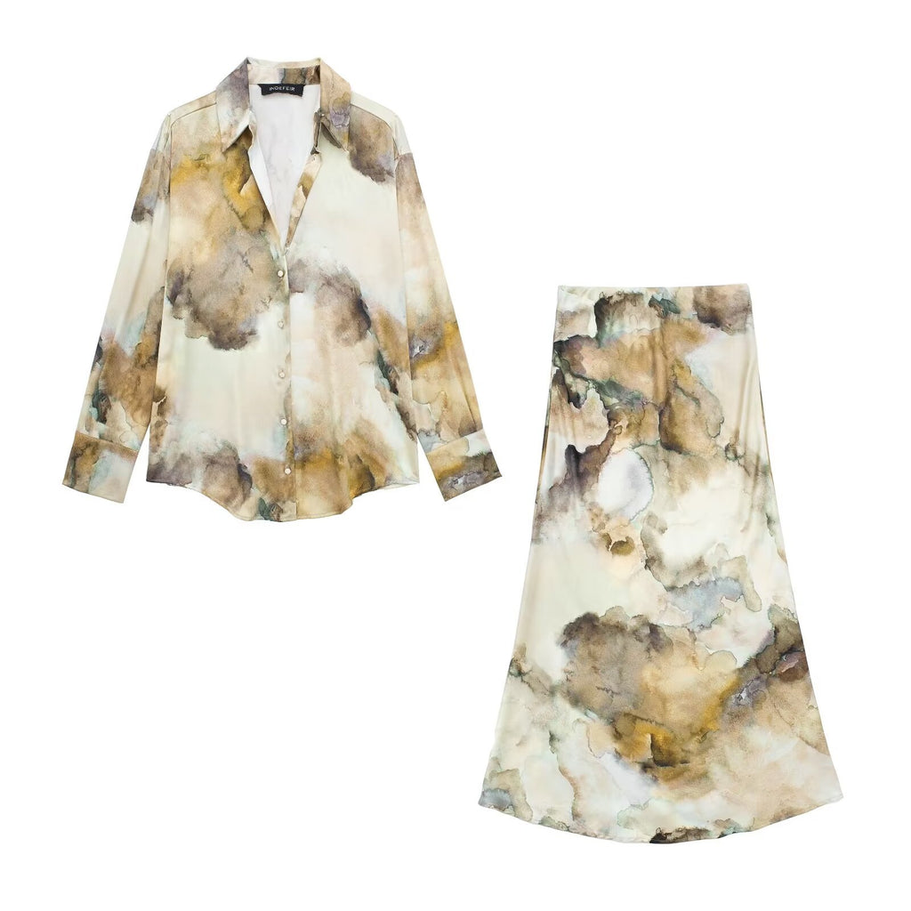 Women 2 Piece Set Fashion Printed Single-Breasted Lapel Long Sleeve Shirts Vintage Causal High Waisted A-Line Midi Skirt
