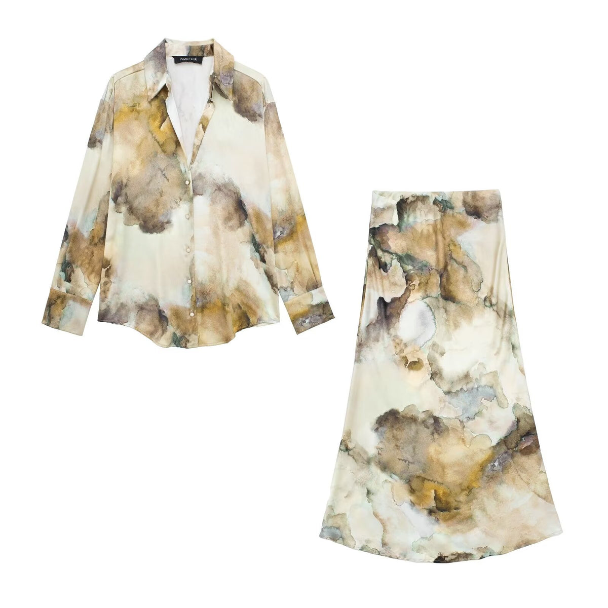 Women 2 Piece Set Fashion Printed Single-Breasted Lapel Long Sleeve Shirts Vintage Causal High Waisted A-Line Midi Skirt