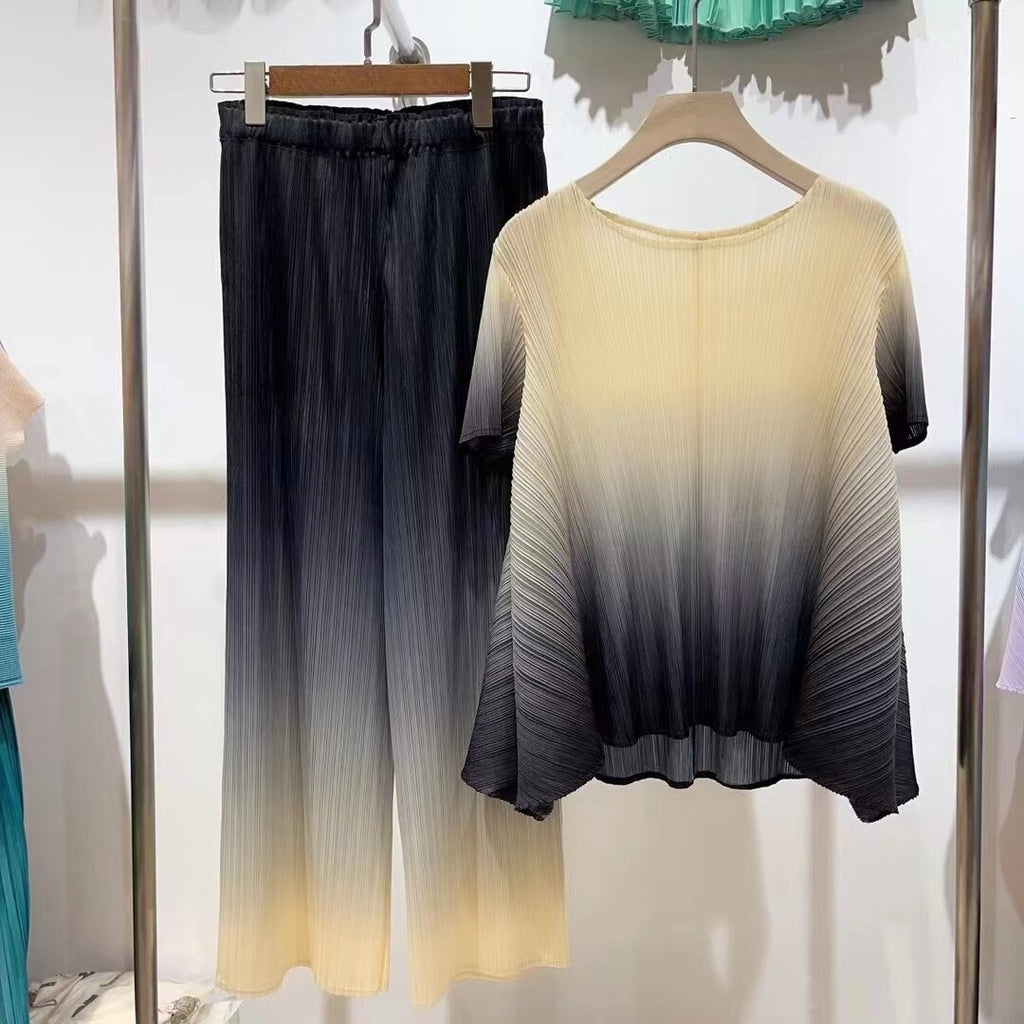 Pleated Gradient Set For Women Short Sleeves Loose Shirts With Wide Leg Pants Female Elegant Clothing Summer