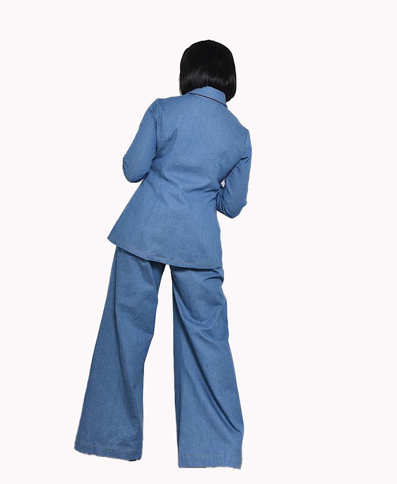 American Style Women's Shirts Open Chested Faux Denim Top And Pants Two Piece Suit