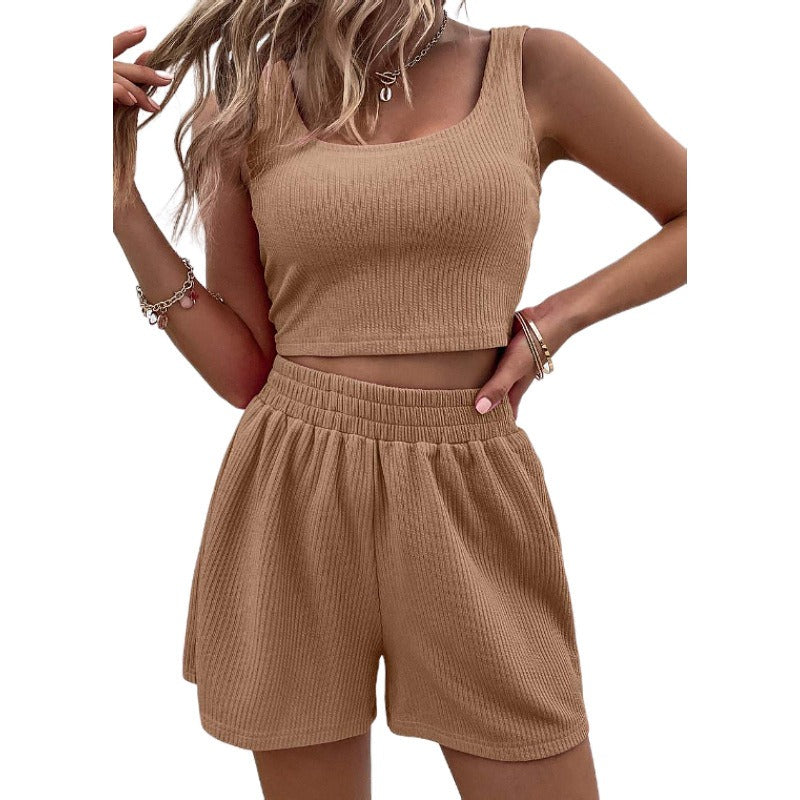 Summer girl style fresh and sweet women's knitted fashionable casual solid color vest set