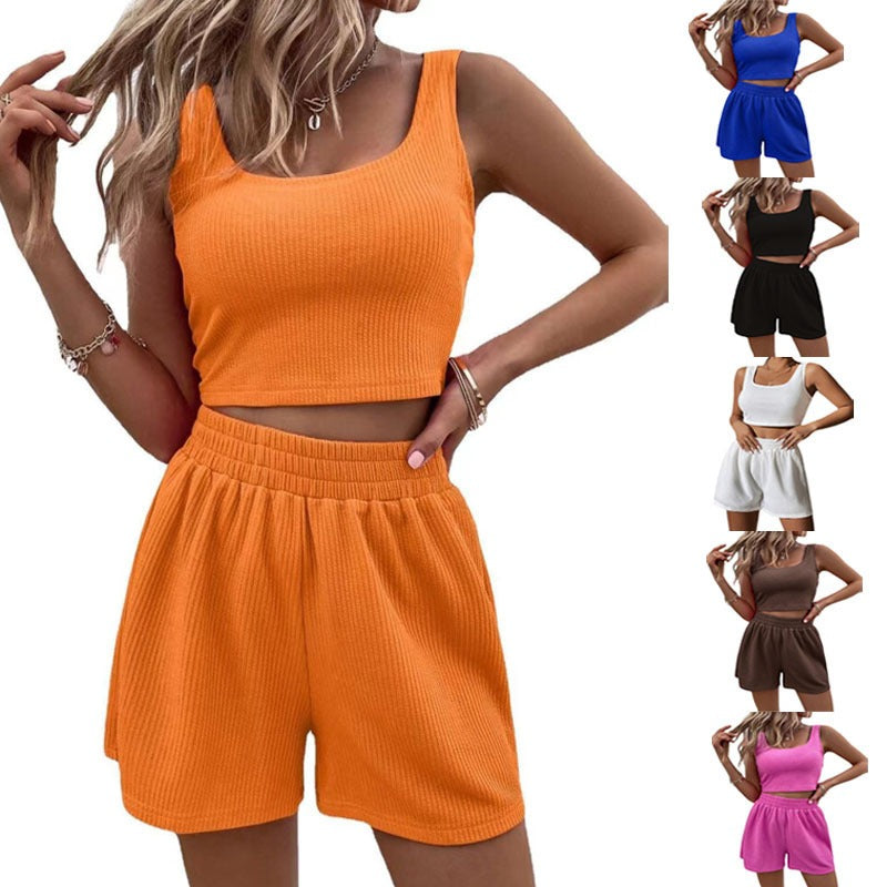 Summer girl style fresh and sweet women's knitted fashionable casual solid color vest set