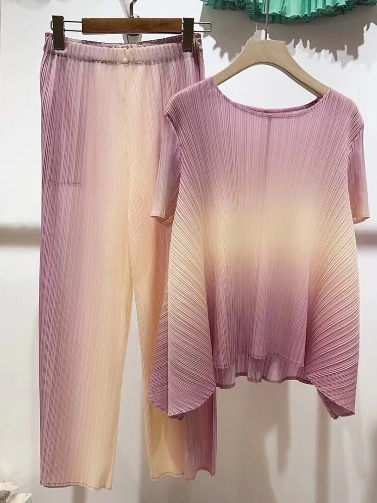 Pleated Gradient Set For Women Short Sleeves Loose Shirts With Wide Leg Pants Female Elegant Clothing Summer