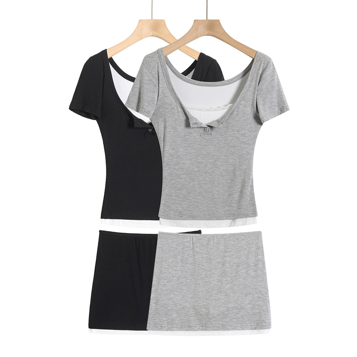 Fake two lace trimmed short sleeved T-shirts+elastic hip hugging short skirt