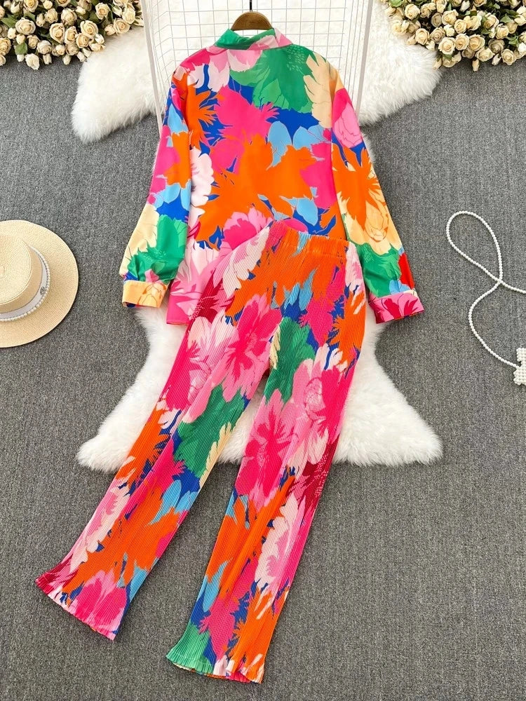 Spring Women Sleepwear Casual Loose Tie-dyed Trousers Suit Long Sleeve Shirts Blouses Wide Leg Pant Female Pajamas 2 Pieces