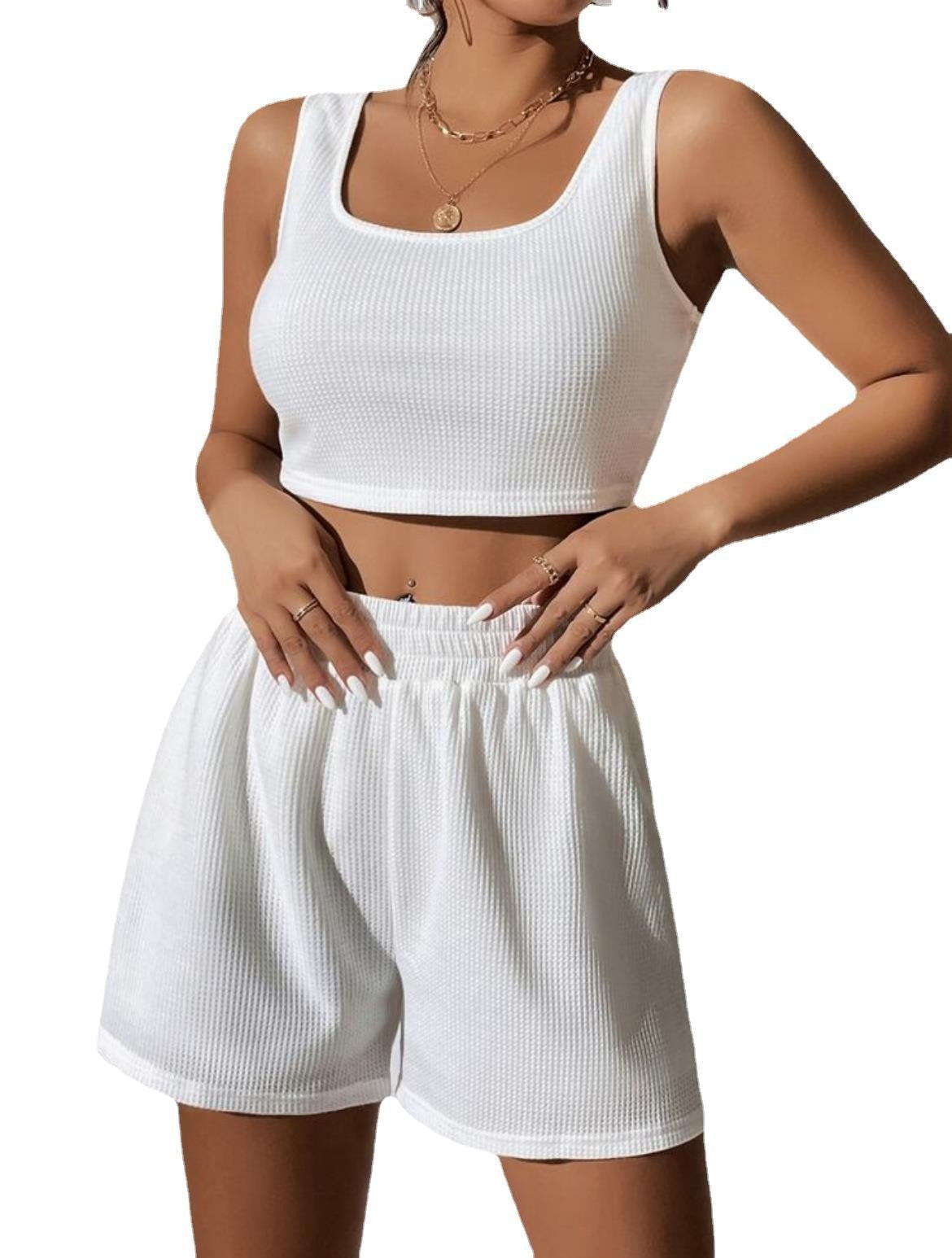 Summer girl style fresh and sweet women's knitted fashionable casual solid color vest set