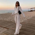 Women's Clothing Spring Summer Pleated Long Sleeve Turn Down Collar Button Shirts Top Loose Casual Solid Two Pieces Pants Set