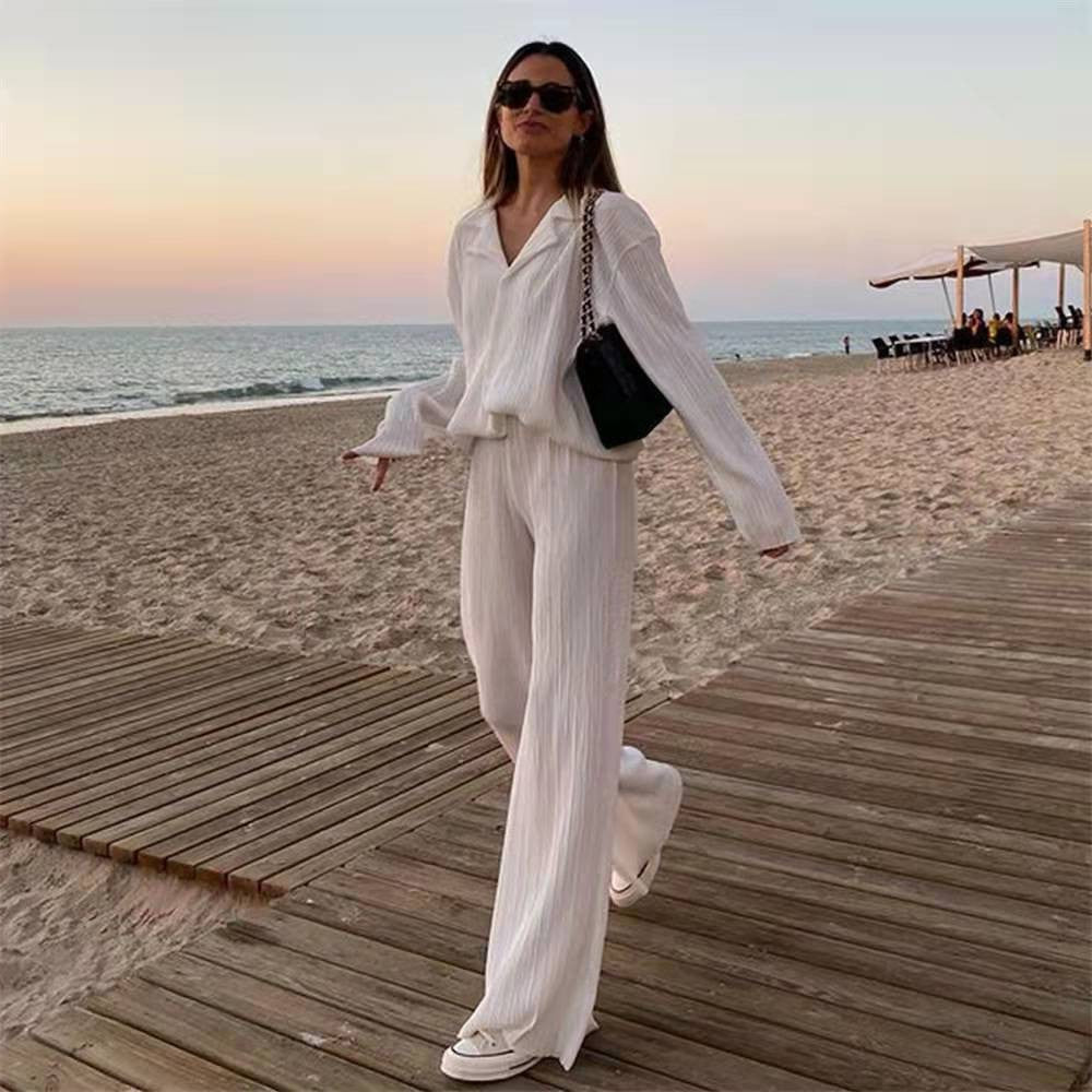 Women's Clothing Spring Summer Pleated Long Sleeve Turn Down Collar Button Shirts Top Loose Casual Solid Two Pieces Pants Set