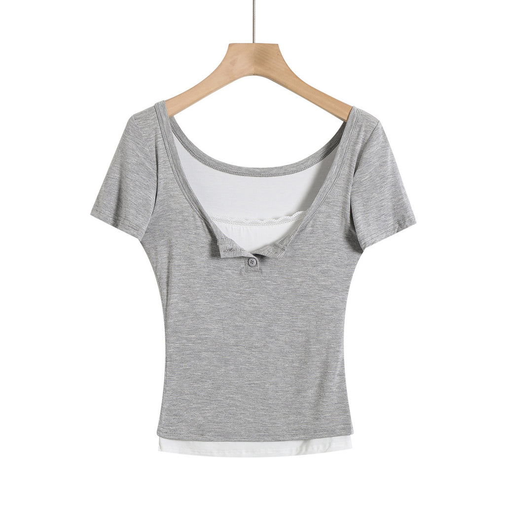 Fake two lace trimmed short sleeved T-shirts+elastic hip hugging short skirt