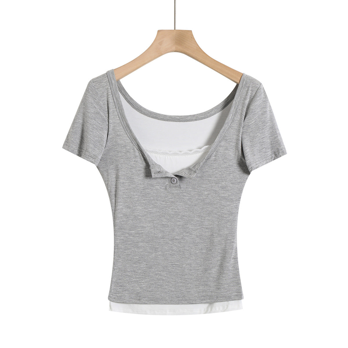 Fake two lace trimmed short sleeved T-shirts+elastic hip hugging short skirt