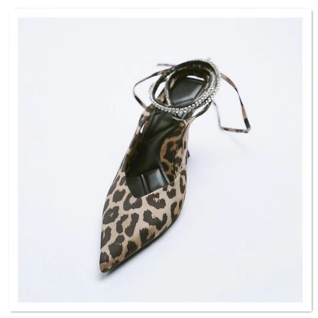 Women Leopard Strappy High Heels Mules Woman Pumps Party Lace up Sandals Heels