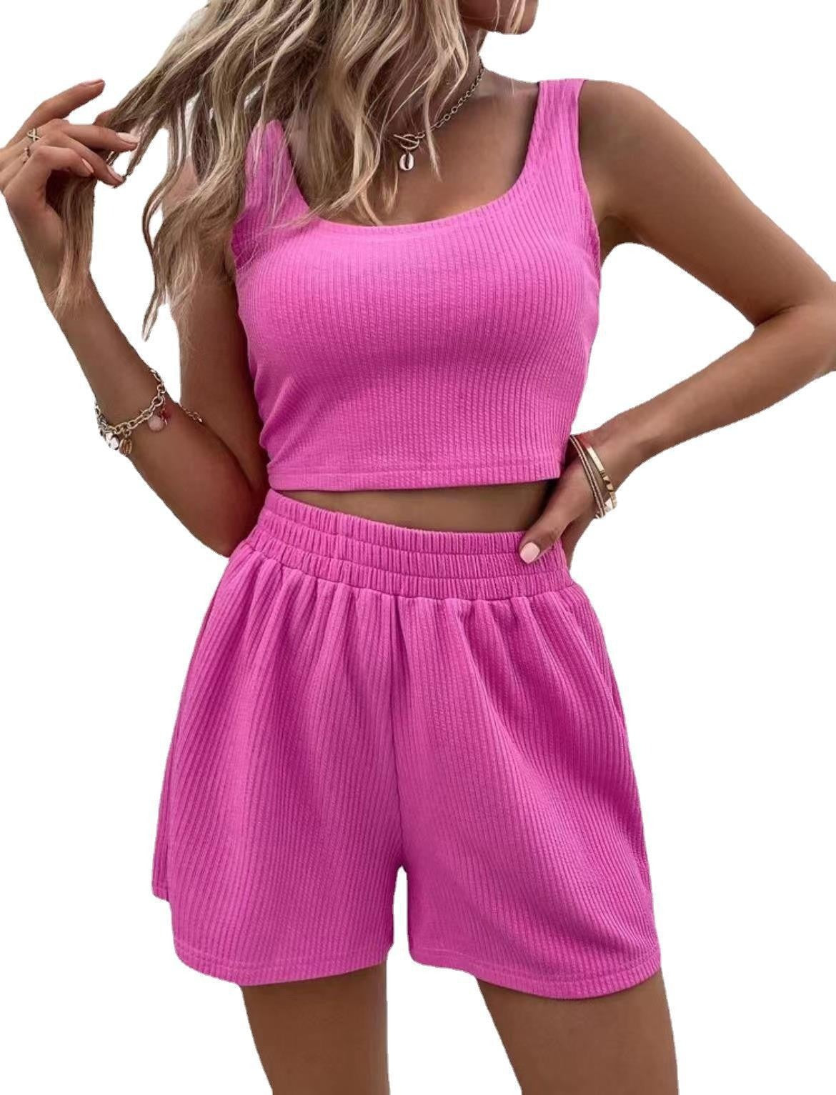 Summer girl style fresh and sweet women's knitted fashionable casual solid color vest set