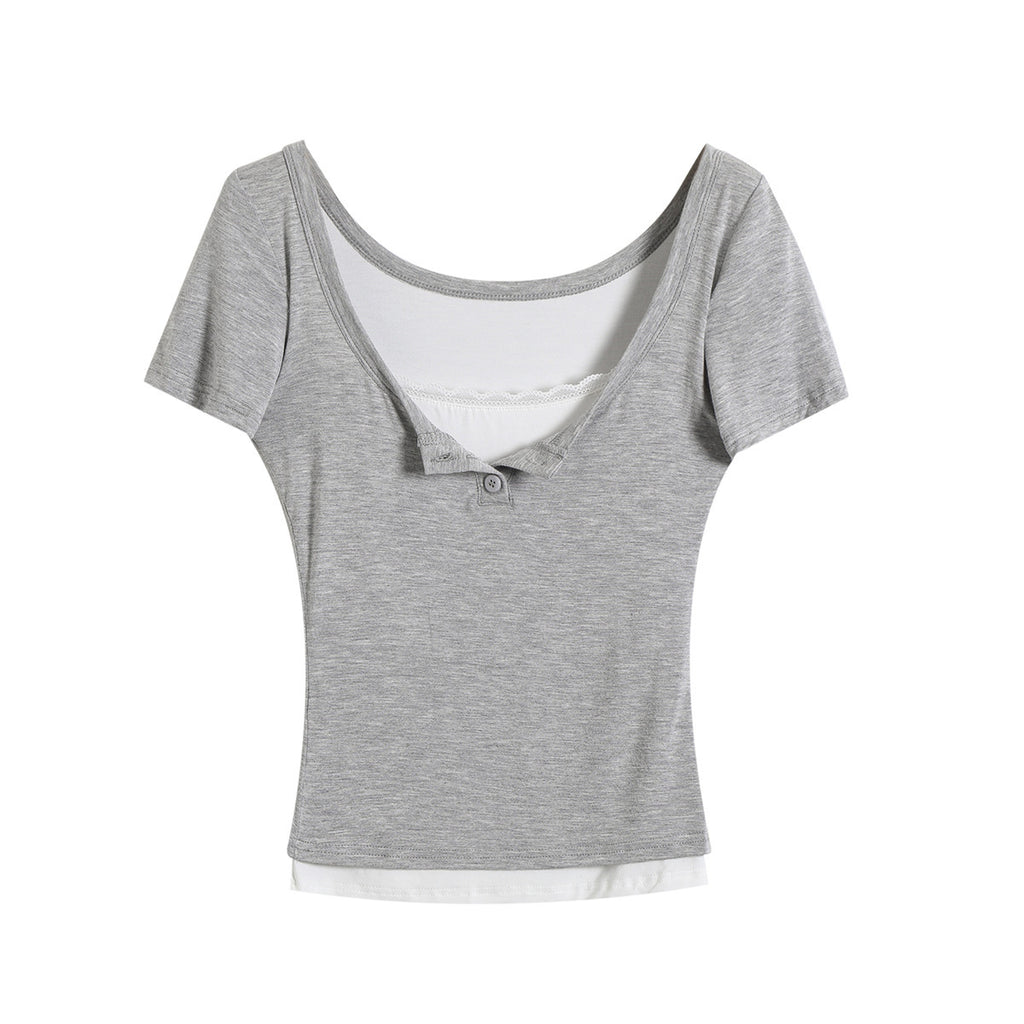 Fake two lace trimmed short sleeved T-shirts+elastic hip hugging short skirt