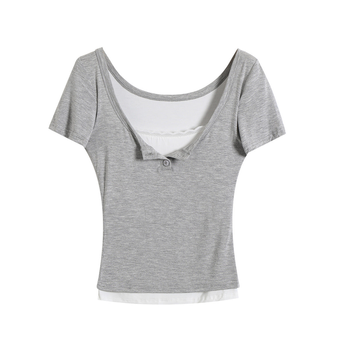Fake two lace trimmed short sleeved T-shirts+elastic hip hugging short skirt