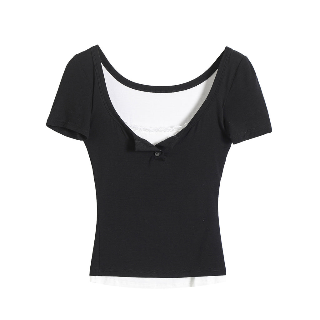 Fake two lace trimmed short sleeved T-shirts+elastic hip hugging short skirt