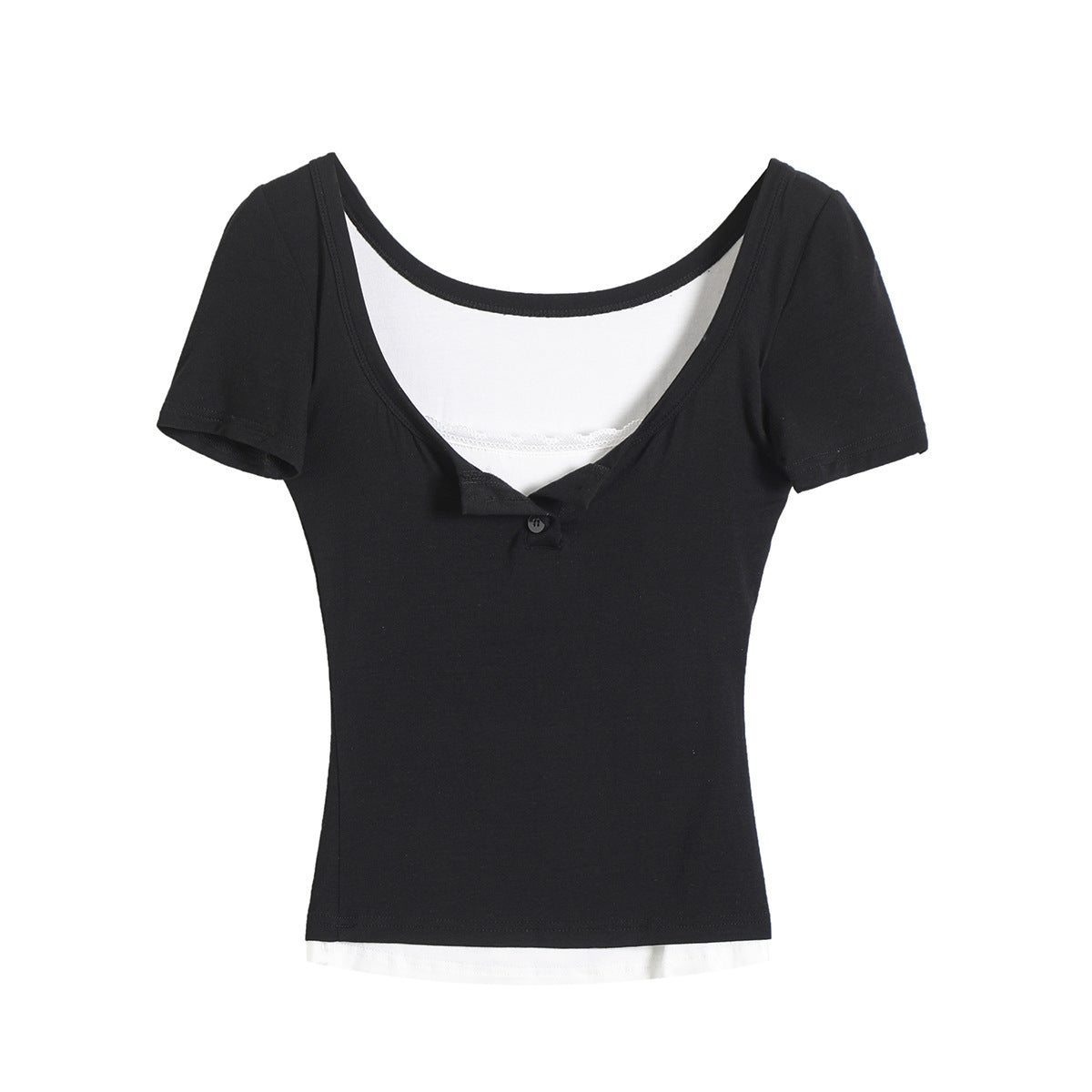 Fake two lace trimmed short sleeved T-shirts+elastic hip hugging short skirt