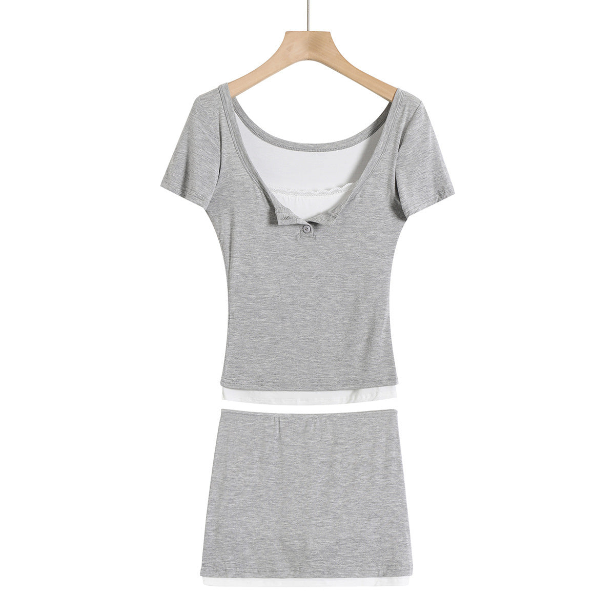 Fake two lace trimmed short sleeved T-shirts+elastic hip hugging short skirt