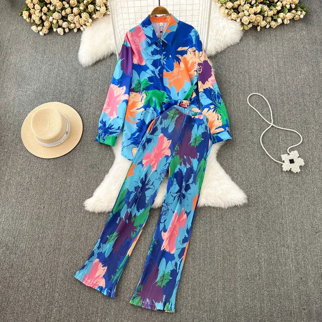 Spring Women Sleepwear Casual Loose Tie-dyed Trousers Suit Long Sleeve Shirts Blouses Wide Leg Pant Female Pajamas 2 Pieces