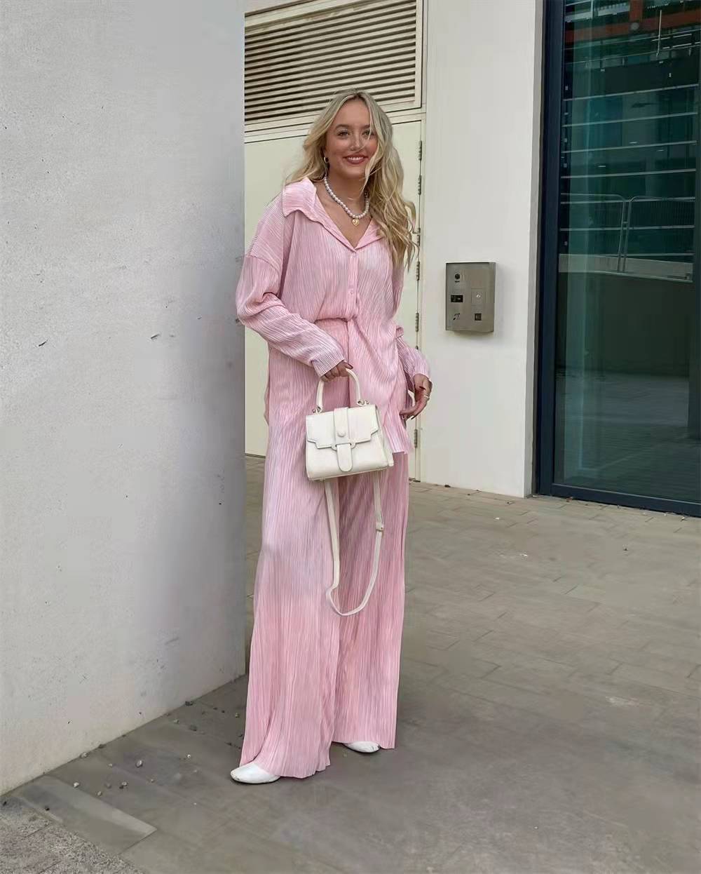 Women's Clothing Spring Summer Pleated Long Sleeve Turn Down Collar Button Shirts Top Loose Casual Solid Two Pieces Pants Set