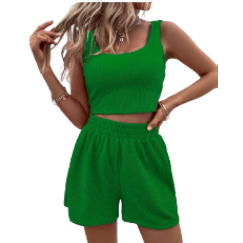 Summer girl style fresh and sweet women's knitted fashionable casual solid color vest set