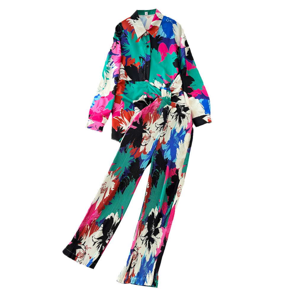 Spring Women Sleepwear Casual Loose Tie-dyed Trousers Suit Long Sleeve Shirts Blouses Wide Leg Pant Female Pajamas 2 Pieces