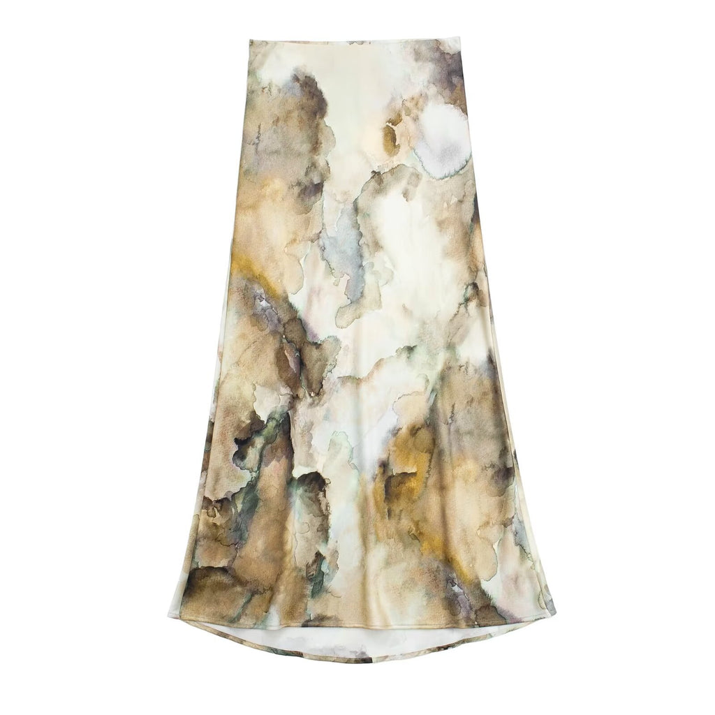 Women 2 Piece Set Fashion Printed Single-Breasted Lapel Long Sleeve Shirts Vintage Causal High Waisted A-Line Midi Skirt