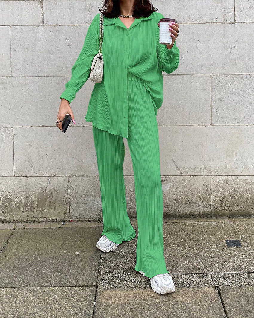 Women's Clothing Spring Summer Pleated Long Sleeve Turn Down Collar Button Shirts Top Loose Casual Solid Two Pieces Pants Set