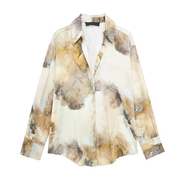 Women 2 Piece Set Fashion Printed Single-Breasted Lapel Long Sleeve Shirts Vintage Causal High Waisted A-Line Midi Skirt
